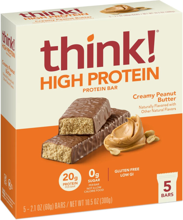 6893b0c4638f61673c696a96fc1420bc088f8aede7810fd2dfd91.jpg think! Protein Bars, High Protein Snacks, Gluten Free, Kosher Friendly, Creamy Peanut Butter, Nutrition Bars, 2.1 Oz per Bar, 12 Count (Packaging May Vary)