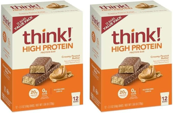 6893b10a7651782f0f373d37186c7c4c1960da12a9fd15f0698b8.jpg think! Protein Bars, High Protein Snacks, Gluten Free, Kosher Friendly, Creamy Peanut Butter, Nutrition Bars, 2.1 Oz per Bar, 12 Count (Packaging May Vary)
