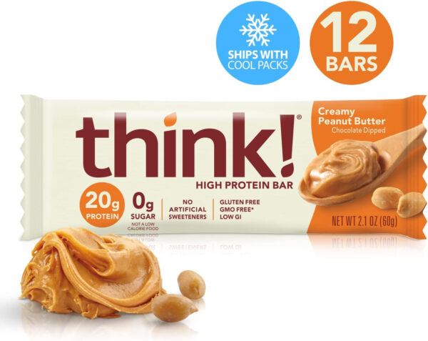 6893b10c442932be7506cba34ebf03e3d8d57348b6c2c5415d73f.jpg think! Protein Bars, High Protein Snacks, Gluten Free, Kosher Friendly, Creamy Peanut Butter, Nutrition Bars, 2.1 Oz per Bar, 12 Count (Packaging May Vary)