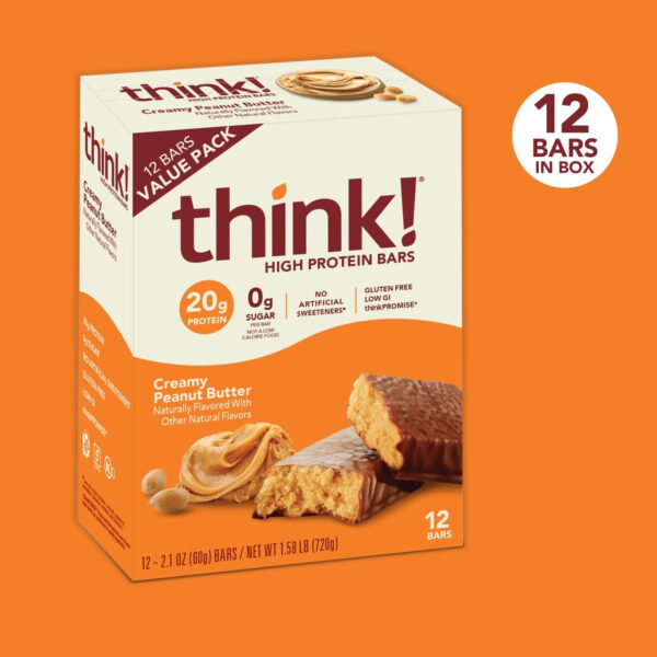 6893b1108a8ce61710592128bd9ab913a3cbe4c6fa8be2951253a.jpg think! Protein Bars, High Protein Snacks, Gluten Free, Kosher Friendly, Creamy Peanut Butter, Nutrition Bars, 2.1 Oz per Bar, 12 Count (Packaging May Vary)