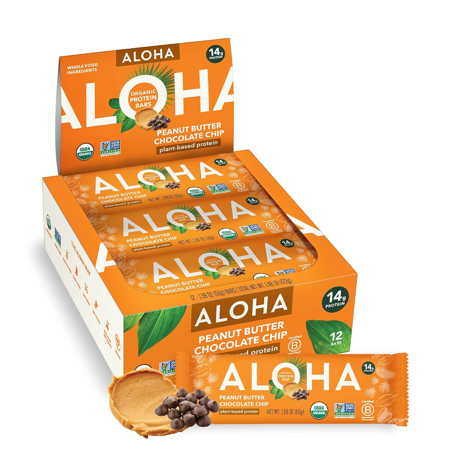 6893b14962dbaab714654b006b097e2f468e2377d86ea1960341e.jpg ALOHA Organic Plant Based Protein Bars |Peanut Butter Chocolate Chip | 1.98 Oz (Pack of 12) | Vegan, Low Sugar, Gluten Free, Paleo, Low Carb, Non-GMO, Stevia Free, Soy Free, No Sugar Alcohols