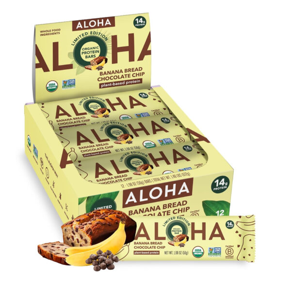 ALOHA Organic Plant Based Protein Bars |Peanut Butter Chocolate Chip | 1.98 Oz (Pack of 12) | Vegan, Low Sugar, Gluten Free, Paleo, Low Carb, Non-GMO, Stevia Free, Soy Free, No Sugar Alcohols