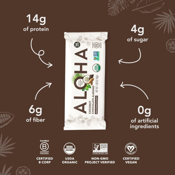 ALOHA Organic Plant Based Protein Bars |Peanut Butter Chocolate Chip | 1.98 Oz (Pack of 12) | Vegan, Low Sugar, Gluten Free, Paleo, Low Carb, Non-GMO, Stevia Free, Soy Free, No Sugar Alcohols