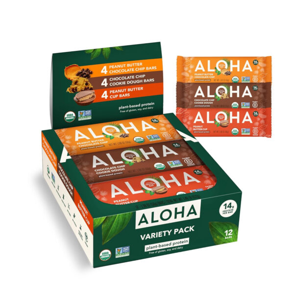 ALOHA Organic Plant Based Protein Bars |Peanut Butter Chocolate Chip | 1.98 Oz (Pack of 12) | Vegan, Low Sugar, Gluten Free, Paleo, Low Carb, Non-GMO, Stevia Free, Soy Free, No Sugar Alcohols