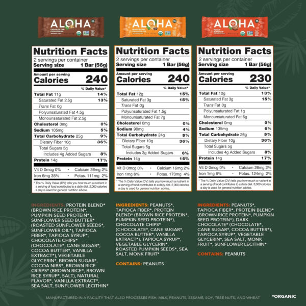ALOHA Organic Plant Based Protein Bars |Peanut Butter Chocolate Chip | 1.98 Oz (Pack of 12) | Vegan, Low Sugar, Gluten Free, Paleo, Low Carb, Non-GMO, Stevia Free, Soy Free, No Sugar Alcohols
