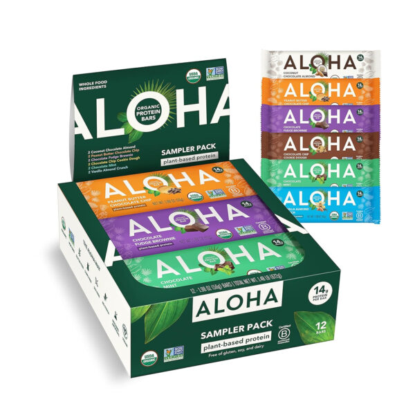 ALOHA Organic Plant Based Protein Bars |Peanut Butter Chocolate Chip | 1.98 Oz (Pack of 12) | Vegan, Low Sugar, Gluten Free, Paleo, Low Carb, Non-GMO, Stevia Free, Soy Free, No Sugar Alcohols