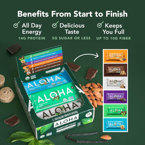 ALOHA Organic Plant Based Protein Bars |Peanut Butter Chocolate Chip | 1.98 Oz (Pack of 12) | Vegan, Low Sugar, Gluten Free, Paleo, Low Carb, Non-GMO, Stevia Free, Soy Free, No Sugar Alcohols