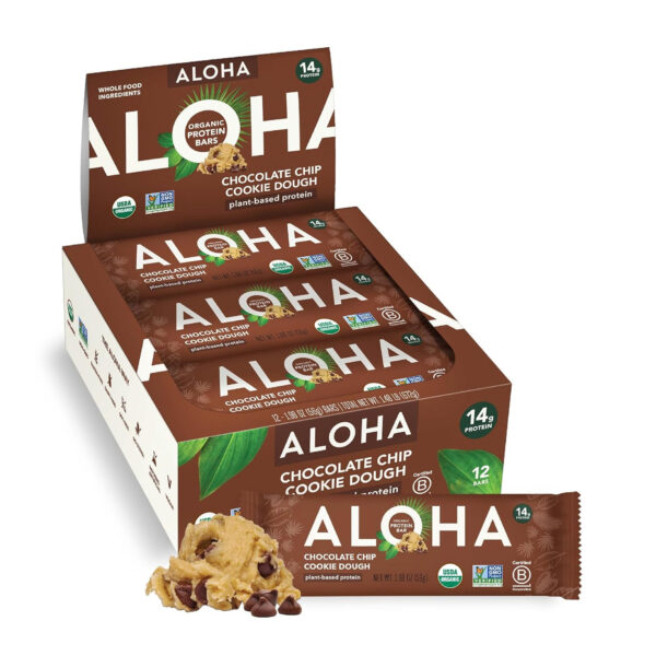 ALOHA Organic Plant Based Protein Bars |Peanut Butter Chocolate Chip | 1.98 Oz (Pack of 12) | Vegan, Low Sugar, Gluten Free, Paleo, Low Carb, Non-GMO, Stevia Free, Soy Free, No Sugar Alcohols