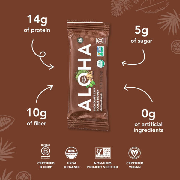 ALOHA Organic Plant Based Protein Bars |Peanut Butter Chocolate Chip | 1.98 Oz (Pack of 12) | Vegan, Low Sugar, Gluten Free, Paleo, Low Carb, Non-GMO, Stevia Free, Soy Free, No Sugar Alcohols