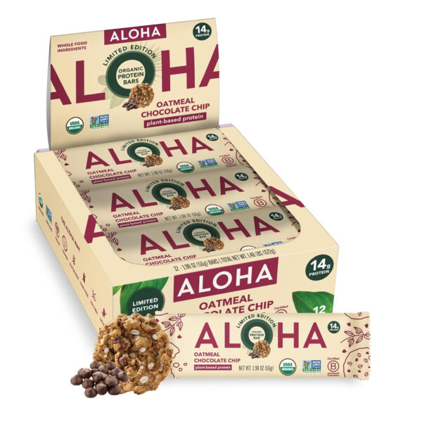 ALOHA Organic Plant Based Protein Bars |Peanut Butter Chocolate Chip | 1.98 Oz (Pack of 12) | Vegan, Low Sugar, Gluten Free, Paleo, Low Carb, Non-GMO, Stevia Free, Soy Free, No Sugar Alcohols