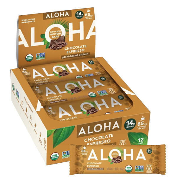 ALOHA Organic Plant Based Protein Bars |Peanut Butter Chocolate Chip | 1.98 Oz (Pack of 12) | Vegan, Low Sugar, Gluten Free, Paleo, Low Carb, Non-GMO, Stevia Free, Soy Free, No Sugar Alcohols