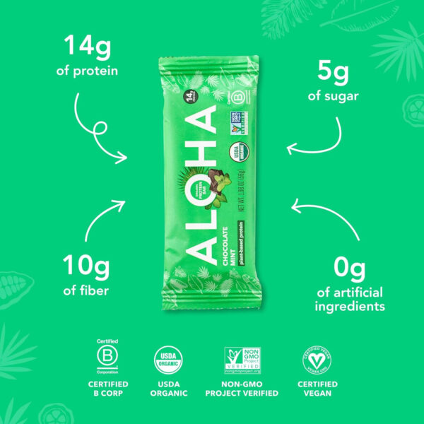 ALOHA Organic Plant Based Protein Bars |Peanut Butter Chocolate Chip | 1.98 Oz (Pack of 12) | Vegan, Low Sugar, Gluten Free, Paleo, Low Carb, Non-GMO, Stevia Free, Soy Free, No Sugar Alcohols