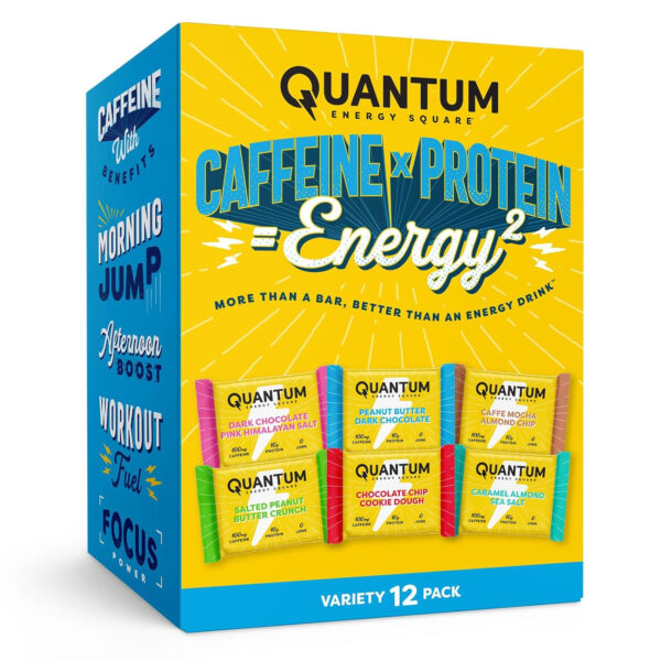 Quantum Energy Square: Energy Bar with Caffeine & 10g Protein. Delicious Healthy Snack On The Go. (Vegan, Gluten-free, Soy-free, Dairy-free) (Variety 12-Pack)