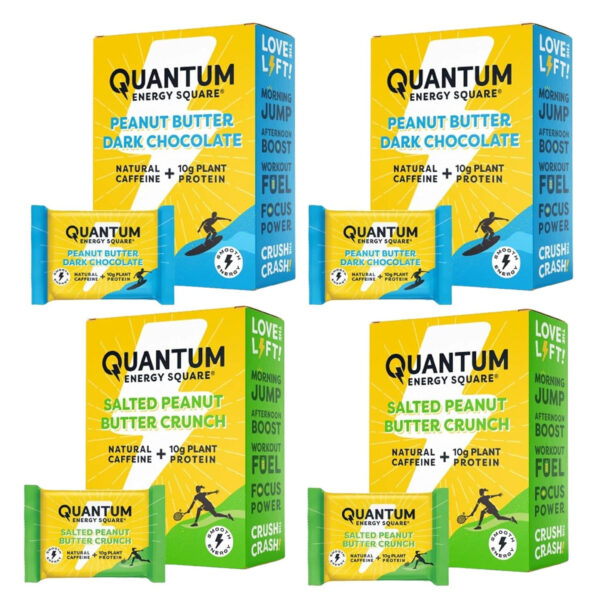 Quantum Energy Square: Energy Bar with Caffeine & 10g Protein. Delicious Healthy Snack On The Go. (Vegan, Gluten-free, Soy-free, Dairy-free) (Variety 12-Pack)