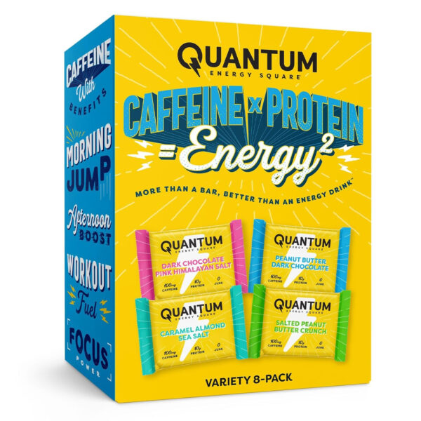 Quantum Energy Square: Energy Bar with Caffeine & 10g Protein. Delicious Healthy Snack On The Go. (Vegan, Gluten-free, Soy-free, Dairy-free) (Variety 12-Pack)