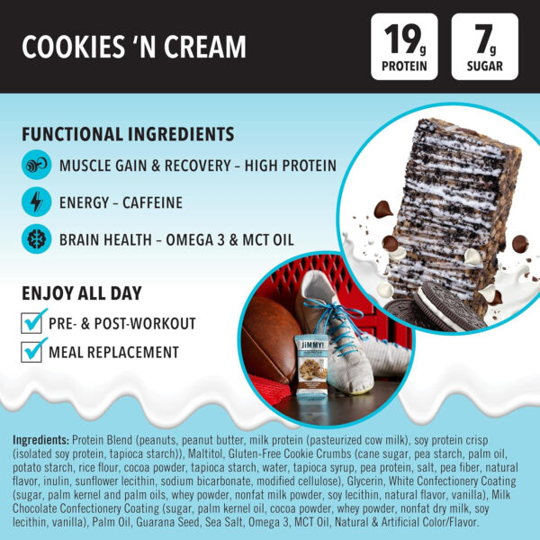 Functional Protein Bars - High-Performance Energy Snacks with Caffeine - Low Sugar & Non-GMO - Gluten Free Protein Bars for Workout, Travel & Energy Boosting | Cookies 'N Cream -12 Count