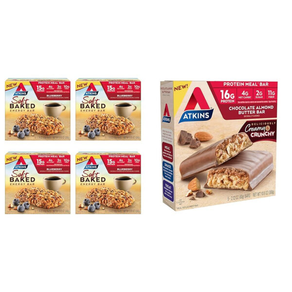 6893b316e00b01be99b1ad68122cdfc9f47be27c4935e8967ed2f.jpg Atkins Blueberry Flavored Soft Baked Energy Bars, High in Protein Snack Bar, Low Sugar, High Fiber Snack, Protein Snack, 4 Packs (4 Bars Each)