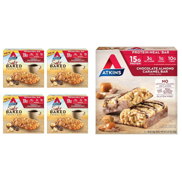 6893b31bcede5b363a4a11b4c87688993ccb4da96d515756df78b.jpg Atkins Blueberry Flavored Soft Baked Energy Bars, High in Protein Snack Bar, Low Sugar, High Fiber Snack, Protein Snack, 4 Packs (4 Bars Each)