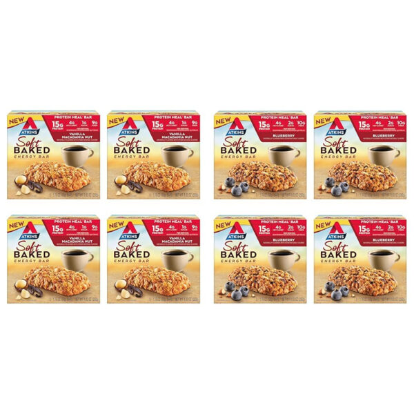 6893b3248d58efc62019b5b325e82637fc7eb19949690d341062d.jpg Atkins Blueberry Flavored Soft Baked Energy Bars, High in Protein Snack Bar, Low Sugar, High Fiber Snack, Protein Snack, 4 Packs (4 Bars Each)