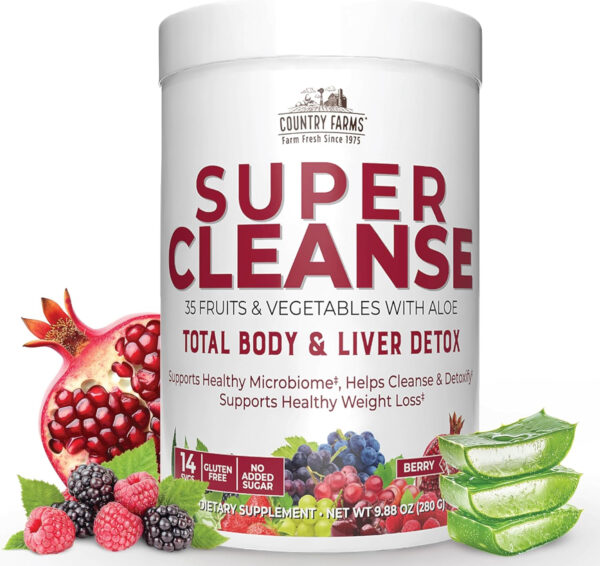 Country Farms Super Cleanse, Super Juice Cleanse, Supports Healthy Digestive System, 34 Fruits and Vegetables with Aloe, Promotes Natural Detoxification, Drink Powder, 14 Servings, 9.88 Ounce