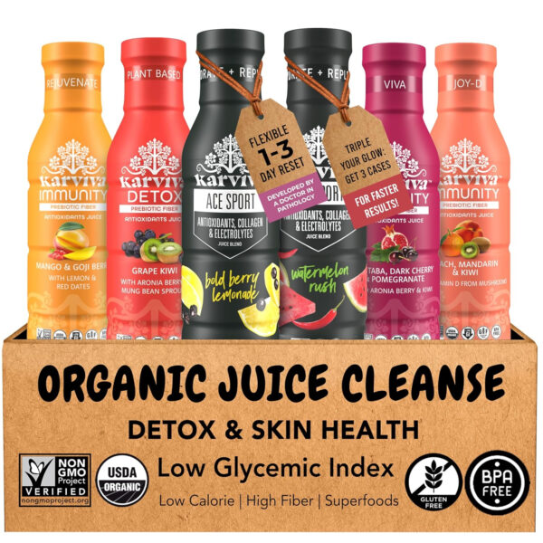 689407458c9fe7d03c636399549f15fe6ed89f6287d047782b449.jpg Karviva Organic Juice Cleanse & Skin Glowing Pack – Detox & Collagen Boost, Low-Sugar, High Fiber, Antioxidants & Vitamins – Ancient Remedies For Weight Control & Sugar Detox, 1–3 Day Use (6 BPA-Free Bottles, 12 oz)