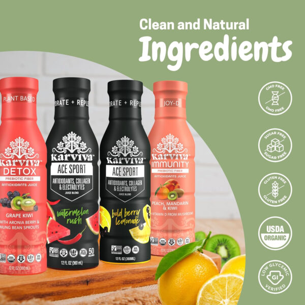 6894074f55ee215dc45ebf50850849ddcefb99fd8c00cc7812f90.jpg Karviva Organic Juice Cleanse & Skin Glowing Pack – Detox & Collagen Boost, Low-Sugar, High Fiber, Antioxidants & Vitamins – Ancient Remedies For Weight Control & Sugar Detox, 1–3 Day Use (6 BPA-Free Bottles, 12 oz)