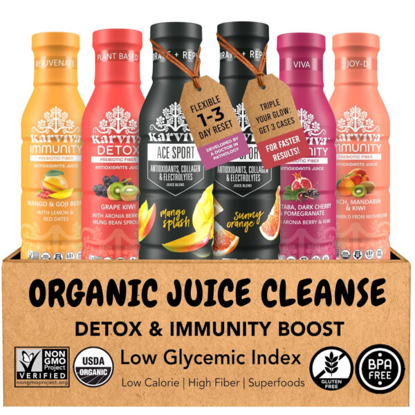 68940750954a5fd159bde283bcad02bccea7ca642d46a33a481cd.jpg Karviva Organic Juice Cleanse & Skin Glowing Pack – Detox & Collagen Boost, Low-Sugar, High Fiber, Antioxidants & Vitamins – Ancient Remedies For Weight Control & Sugar Detox, 1–3 Day Use (6 BPA-Free Bottles, 12 oz)