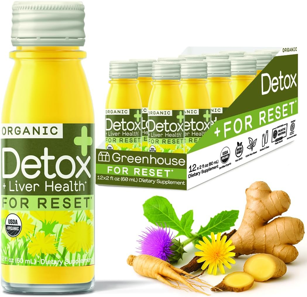 Greenhouse Juice Detox Wellness Shots Organic Immunity Shots Juice Liver Health Wellness + Anti-Inflammatory with Ginseng, Milk Thistle, and Dandelion Vegan & Gluten-Free (2 Oz, Pack of 12)