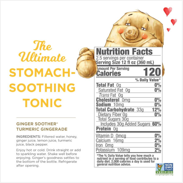 6894085597f4daf911372325d9816345999c00149a3dbe4026485.jpg Turmeric Gingerade, Ginger Soother by The Ginger People – Drug Free Digestive Health, Turmeric Flavor, Premium Quality Turmeric Juice, Single - 32 Oz (Pack of 1)