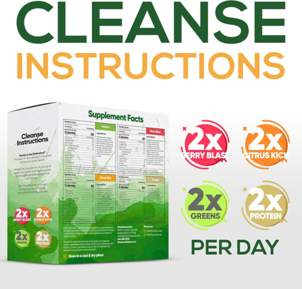 Raw Fountain 3 Day Juice Cleanse Detox, 24 Powder Packets, Travel and Vegan Friendly, 4 All Natural Flavors, Includes Protein (3 Day)