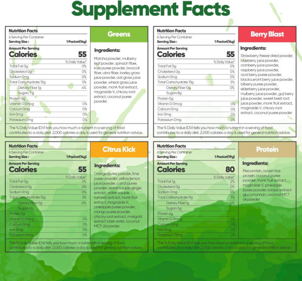 Raw Fountain 3 Day Juice Cleanse Detox, 24 Powder Packets, Travel and Vegan Friendly, 4 All Natural Flavors, Includes Protein (3 Day)