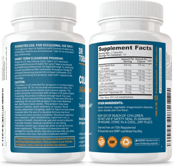 68940ad8b4dc2a117a7826f00bb59d8e60a7a80cdd813ad8f3623.jpg Dr. Tobias Colon 14 Day Cleanse, Advanced Gut Cleanse Detox for Women & Men with Cascara Sagrada, Psyllium Husk, Senna Leaf & Probiotics, Non-GMO Colon Cleanse, 28 Capsules 1-2 Daily