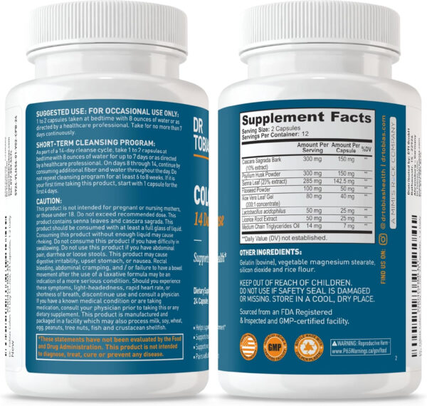 68940ae2cec916ebef94f6e60b28cd87b4525a24fd1b624c5b1d4.jpg Dr. Tobias Colon 14 Day Cleanse, Advanced Gut Cleanse Detox for Women & Men with Cascara Sagrada, Psyllium Husk, Senna Leaf & Probiotics, Non-GMO Colon Cleanse, 28 Capsules 1-2 Daily