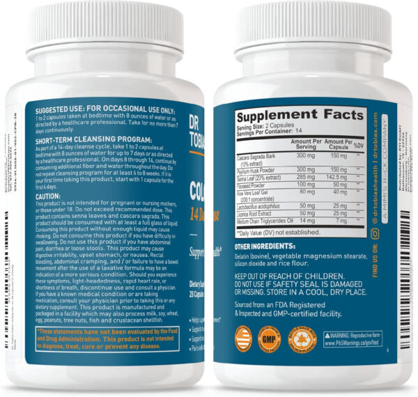 68940aeb4904a7ef474c9c6d03cb50bf8ede24a1e61c48ac8ad19.jpg Dr. Tobias Colon 14 Day Cleanse, Advanced Gut Cleanse Detox for Women & Men with Cascara Sagrada, Psyllium Husk, Senna Leaf & Probiotics, Non-GMO Colon Cleanse, 28 Capsules 1-2 Daily