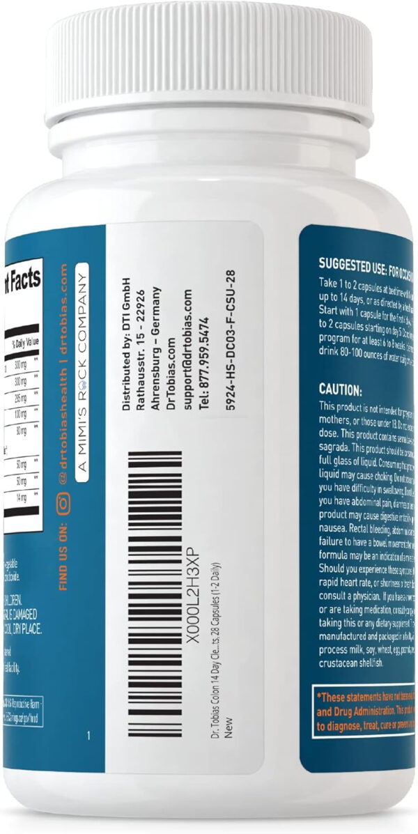 68940aec80db906e14c91746d747120d956fab85033f4f741f436.jpg Dr. Tobias Colon 14 Day Cleanse, Advanced Gut Cleanse Detox for Women & Men with Cascara Sagrada, Psyllium Husk, Senna Leaf & Probiotics, Non-GMO Colon Cleanse, 28 Capsules 1-2 Daily
