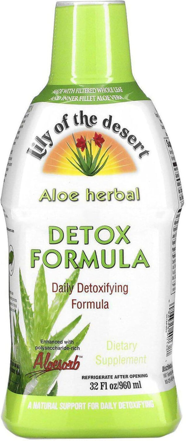 68940b22d58e40591472cc143d01a0b51a640e289521b54c8df5b.jpg Lily Of The Desert Aloe Vera Herbal Detox Formula - Aloe Vera Juice with Milk Thistle, Slippery Elm, Burdock Root, Dandelion Root, and Echinacea for Gut Health, Liver Support, and Wellness, 32 Oz