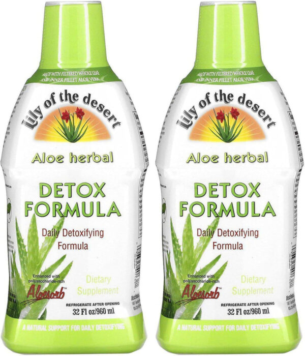 68940b2c583059c4f91912274a1e85f383a12d8da159940fb8ad7.jpg Lily Of The Desert Aloe Vera Herbal Detox Formula - Aloe Vera Juice with Milk Thistle, Slippery Elm, Burdock Root, Dandelion Root, and Echinacea for Gut Health, Liver Support, and Wellness, 32 Oz