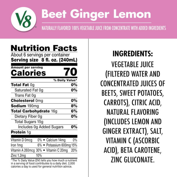 V8 Beet Ginger Lemon 100% Vegetable Juice, 46 fl oz Bottle
