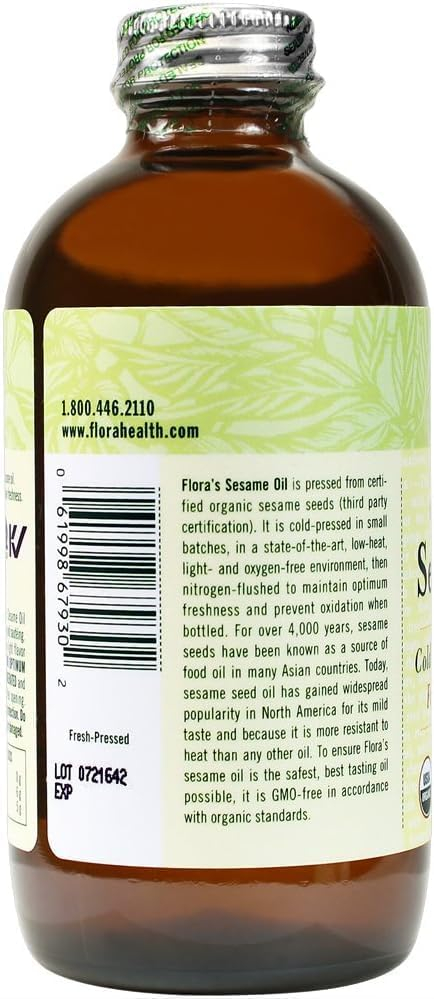Flora - Certified Organic Sesame Oil - Cold-Pressed Cooking Oil with Essential Fatty Acids - Vegan, Kosher & Non-GMO - 8.5 fl. oz. Glass Bottle