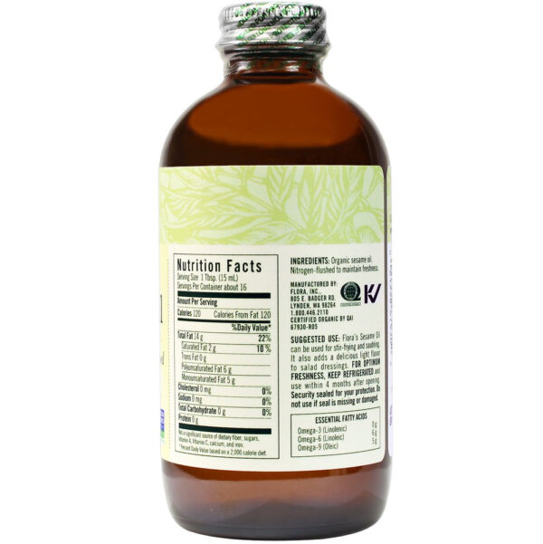 Flora - Certified Organic Sesame Oil - Cold-Pressed Cooking Oil with Essential Fatty Acids - Vegan, Kosher & Non-GMO - 8.5 fl. oz. Glass Bottle