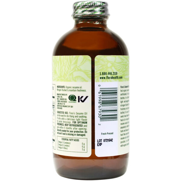 Flora - Certified Organic Sesame Oil - Cold-Pressed Cooking Oil with Essential Fatty Acids - Vegan, Kosher & Non-GMO - 8.5 fl. oz. Glass Bottle