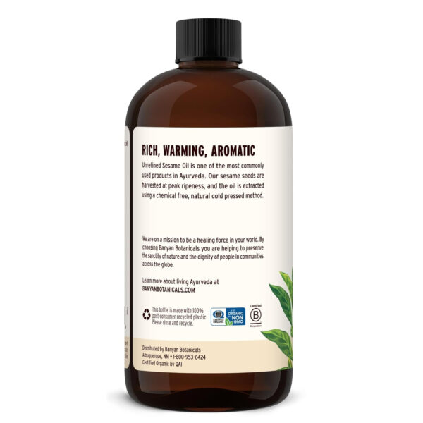 Banyan Botanicals Sesame Oil – Organic & Unrefined Sesame Oil for Skin, Body, Hair & More – Multiple Sizes – 8 oz – Non GMO Sustainably Sourced Vegan