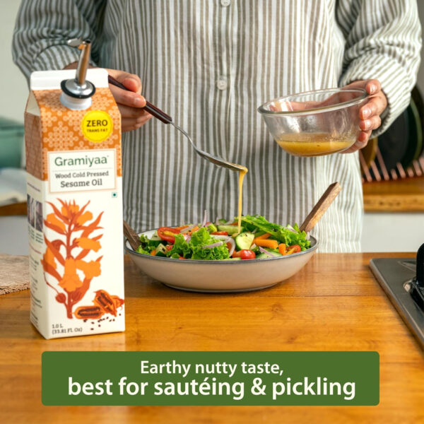 Gramiyaa Cold Pressed Non Toasted Sesame Oil for Cooking | 33.81 FL OZ (1L) | 100% Raw, Chemical Free, Wood Pressed Sesame Oil