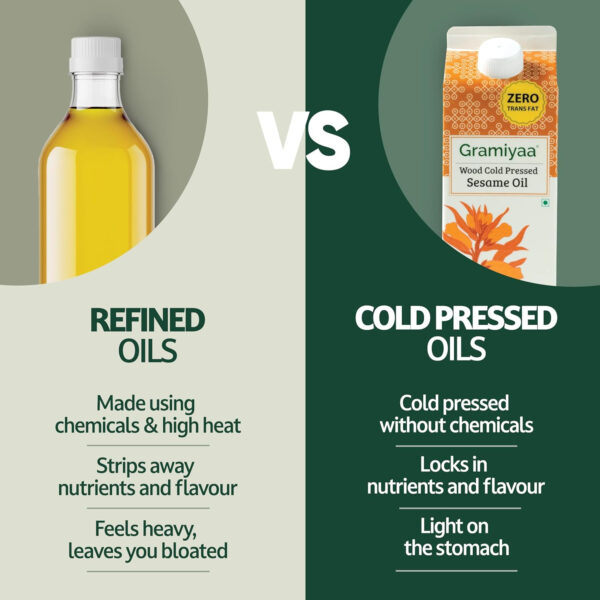 Gramiyaa Cold Pressed Non Toasted Sesame Oil for Cooking | 33.81 FL OZ (1L) | 100% Raw, Chemical Free, Wood Pressed Sesame Oil