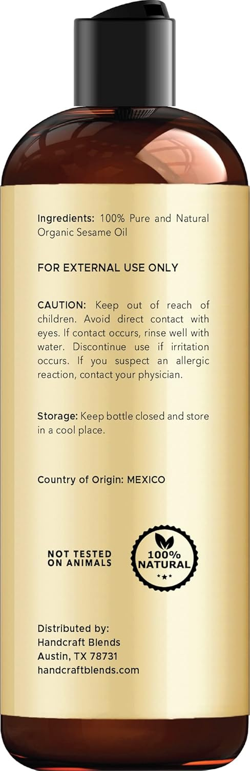 Handcraft Blends Organic Sesame Oil - 8 Fl Oz - 100% Pure and Natural - Premium Grade Carrier Oil for Skin and Hair - Hair and Body - Massage - Expeller-Pressed and Hexane-Free