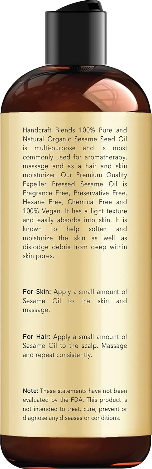 Handcraft Blends Organic Sesame Oil - 8 Fl Oz - 100% Pure and Natural - Premium Grade Carrier Oil for Skin and Hair - Hair and Body - Massage - Expeller-Pressed and Hexane-Free