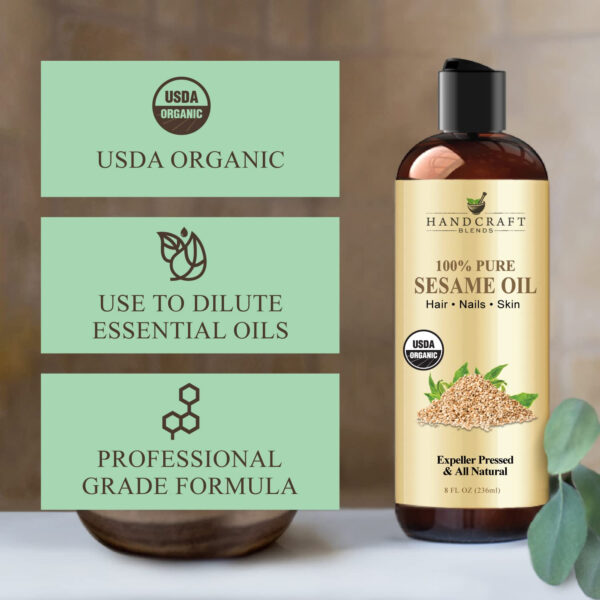 Handcraft Blends Organic Sesame Oil - 8 Fl Oz - 100% Pure and Natural - Premium Grade Carrier Oil for Skin and Hair - Hair and Body - Massage - Expeller-Pressed and Hexane-Free