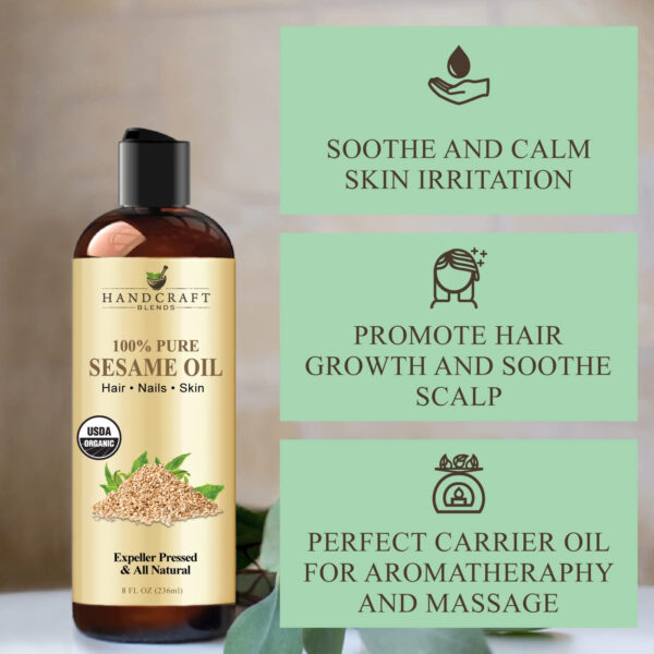 Handcraft Blends Organic Sesame Oil - 8 Fl Oz - 100% Pure and Natural - Premium Grade Carrier Oil for Skin and Hair - Hair and Body - Massage - Expeller-Pressed and Hexane-Free
