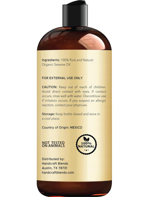 Handcraft Blends Organic Sesame Oil - 8 Fl Oz - 100% Pure and Natural - Premium Grade Carrier Oil for Skin and Hair - Hair and Body - Massage - Expeller-Pressed and Hexane-Free