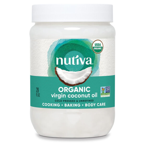 Nutiva Organic Coconut Oil, 29 Fl Oz - USDA Organic Cold Pressed Unrefined Extra Virgin Coconut for Cooking, Skin, Hair, Massage, and Oil Pulling. Contains Natural MCT
